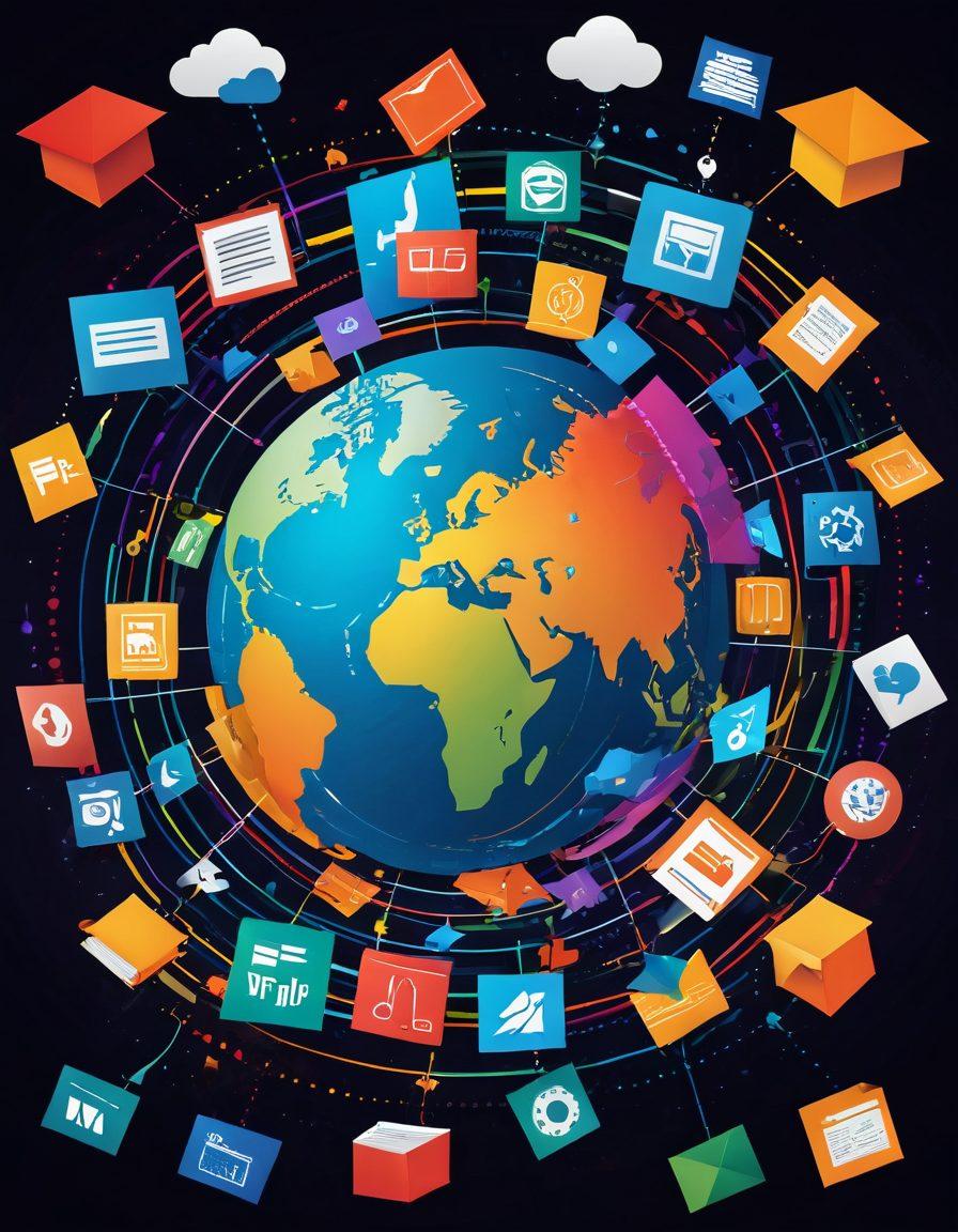 A dynamic digital collage depicting a variety of P2P file-sharing icons, such as movie reels, software boxes, and cloud symbols, interconnected with bright, colorful lines representing data flow. The background features a stylized globe or network grid to symbolize global connectivity. Include elements like music notes and book icons to emphasize diversity in content sharing. Modern and techy feel with a vibrant color palette, showcasing the ease and excitement of file sharing. digital art. vibrant colors. 3D effect.